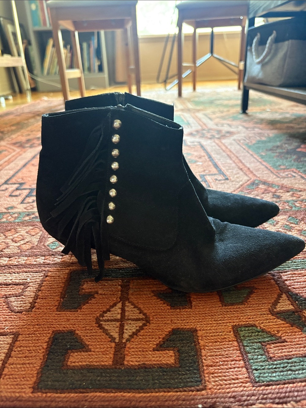 Saint Laurent Black Suede Pointed Ankle Boots with Fringe and Stud Detail